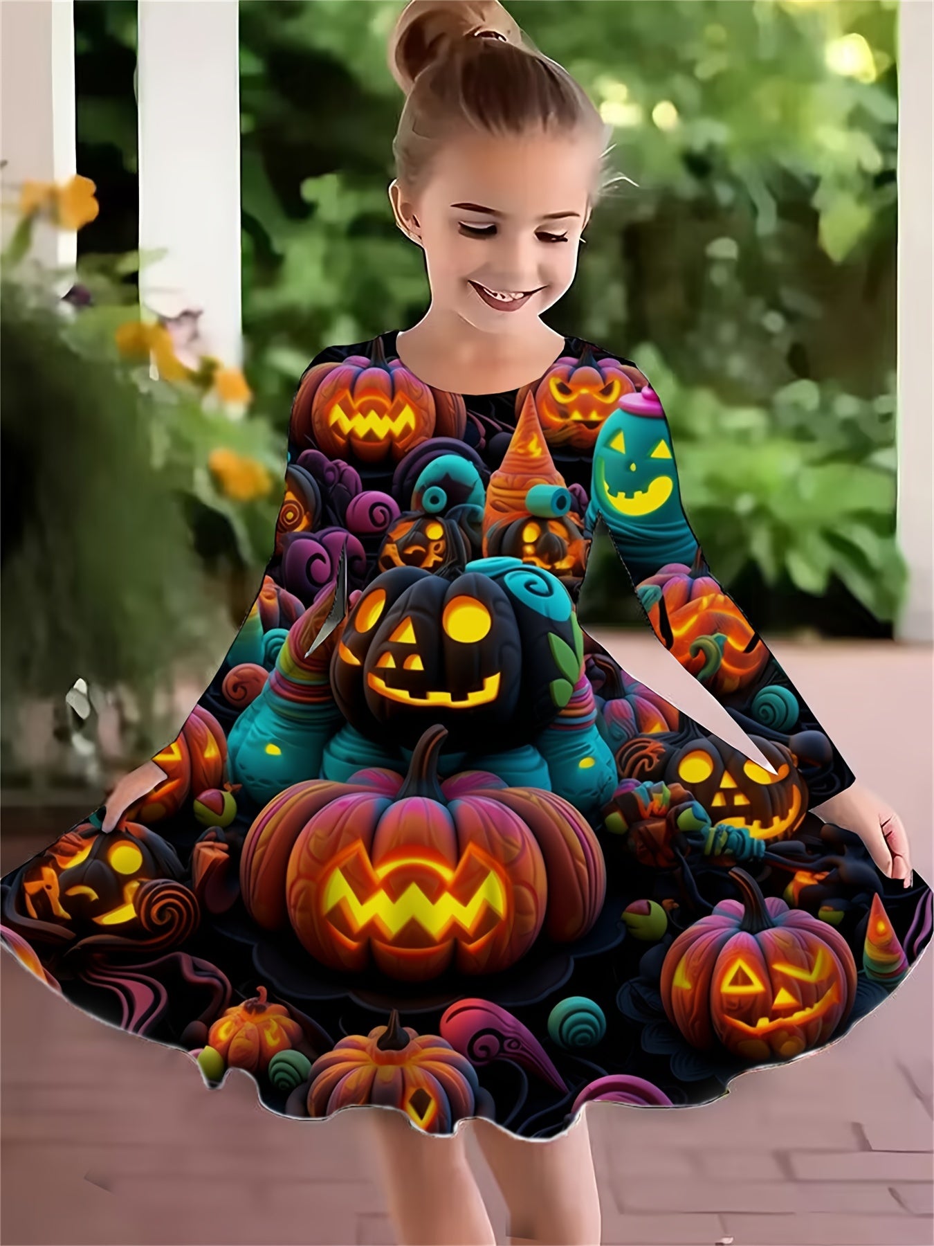 Kids' Halloween A-Line Dress - Long Sleeve 3D Printed Pumpkin Tunics, Casual Polyester Knit Fabric with Slight Stretch for Children Aged 3-12