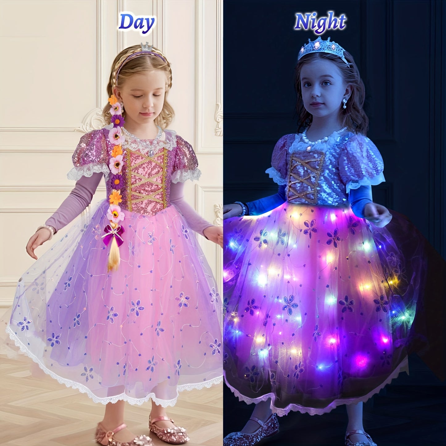 Girls Princess Dress Up 3 4 5 6 7 8, Light Up Dress Costume With Wig, Halloween For Kids Toddler