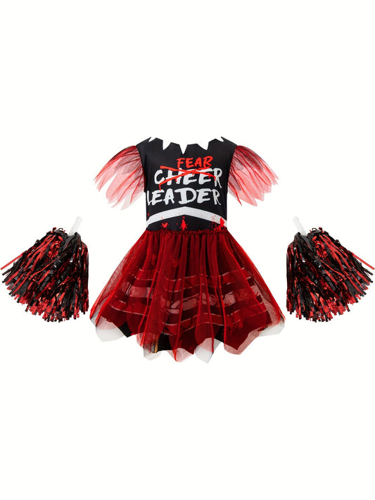 Girls Fun & Cute Halloween Themed Party Cheerleader Dress Up Outfit, Mesh Flutter Sleeve Tutu Dress + Pom Pom Accessory For Stage Performance