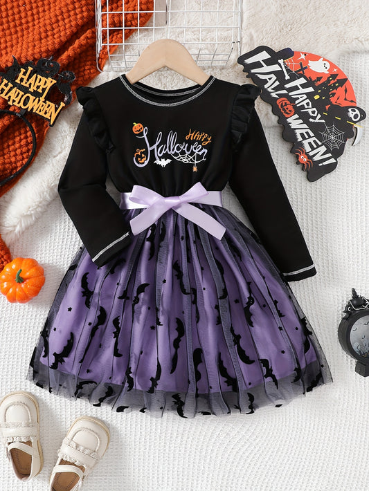 Halloween-themed Girls Mesh Splicing Princess Dress With Ruffled Trim, Perfect For Holiday Parties, With Satin Ribbon Belt