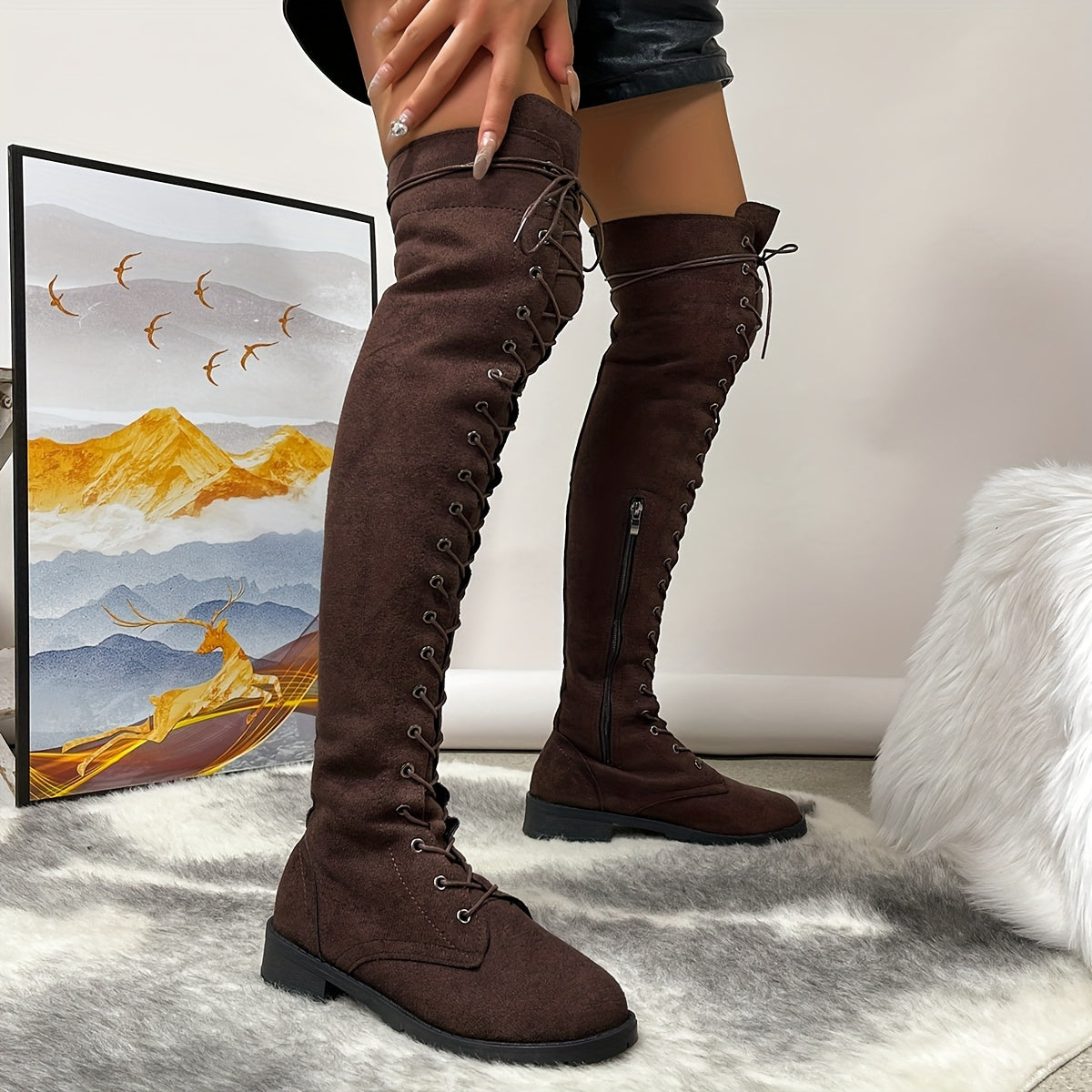 Mid Heel Womens Thigh High Boots - Soft Flannel Lined, Lace Up, Round Toe, Comfortable, Warm, and Fashionable Flat Long Boots for Casual Occasions