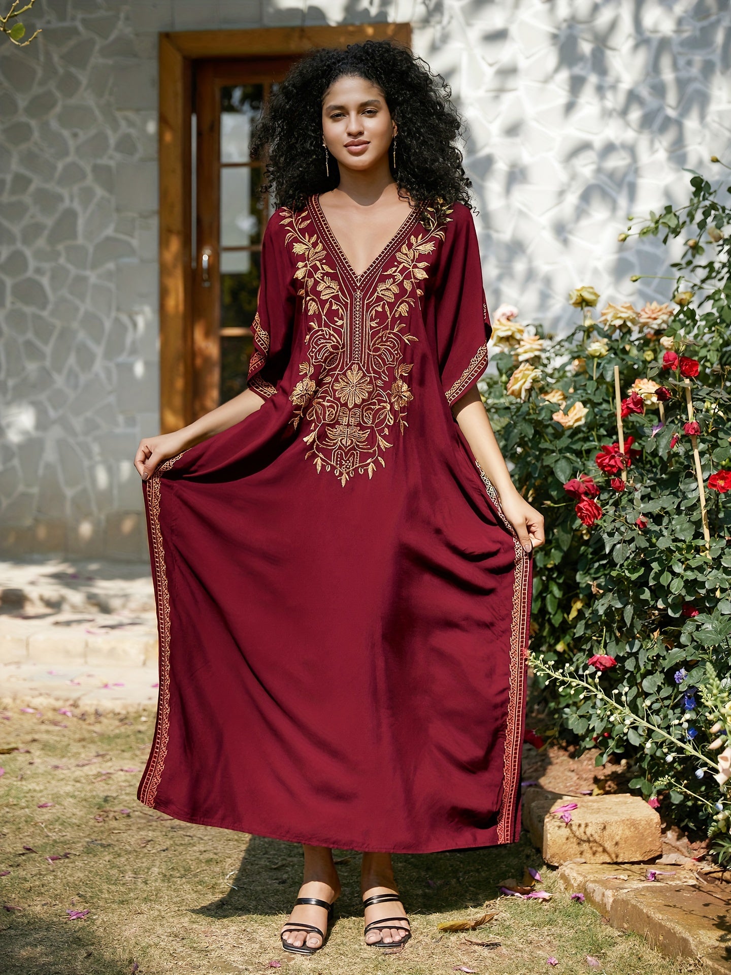 Bohemian Embroidery Caftan Dress House Dress Split Thigh Beachwear Vacation Dress Cover Up