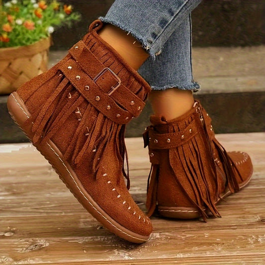 Stylish Tassel Embellished Short Boots - Comfortable, Casual, Side Zipper Ankle Boots with Soft Insoles for Winter - Easy Slip-On Design, Versatile Outfit Match