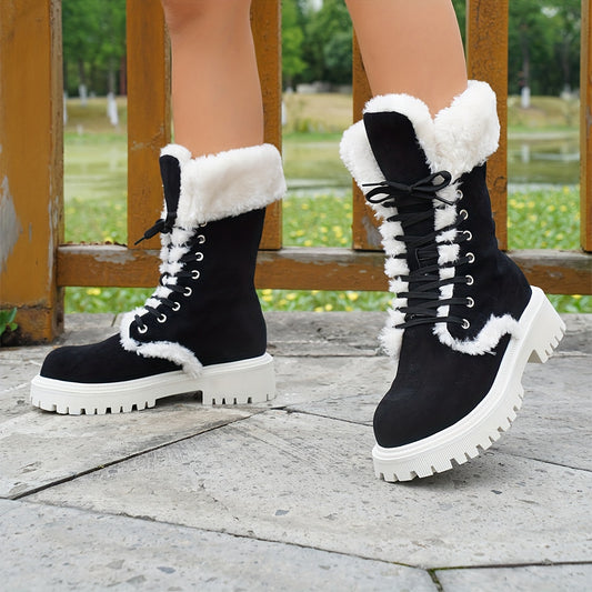 Women's Solid Color Fluffy Boots, Platform Soft Sole Thermal Lining Mid Calf Boots, Non-slip Winter Snow Boots