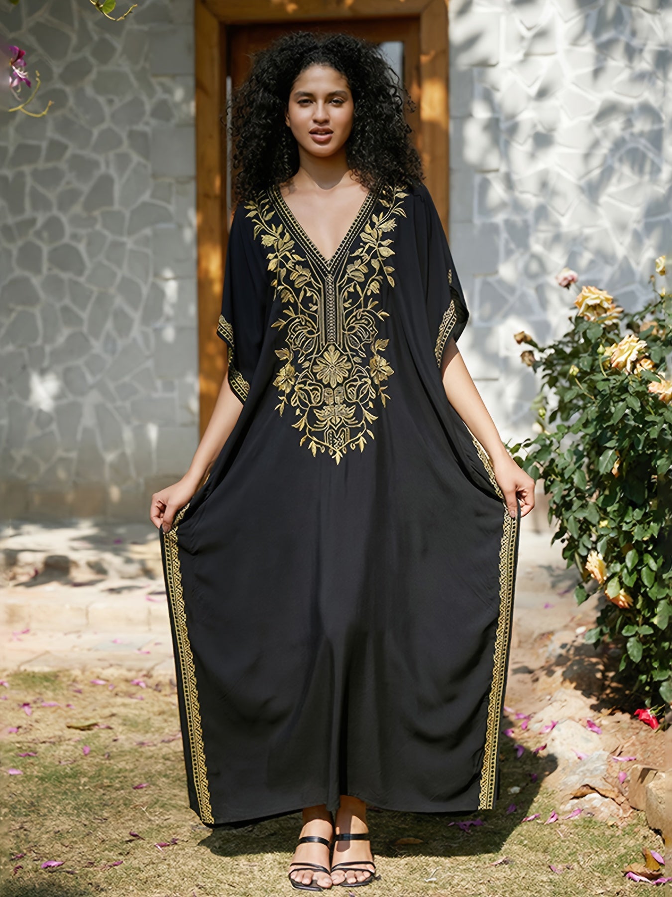 Bohemian Embroidery Caftan Dress House Dress Split Thigh Beachwear Vacation Dress Cover Up