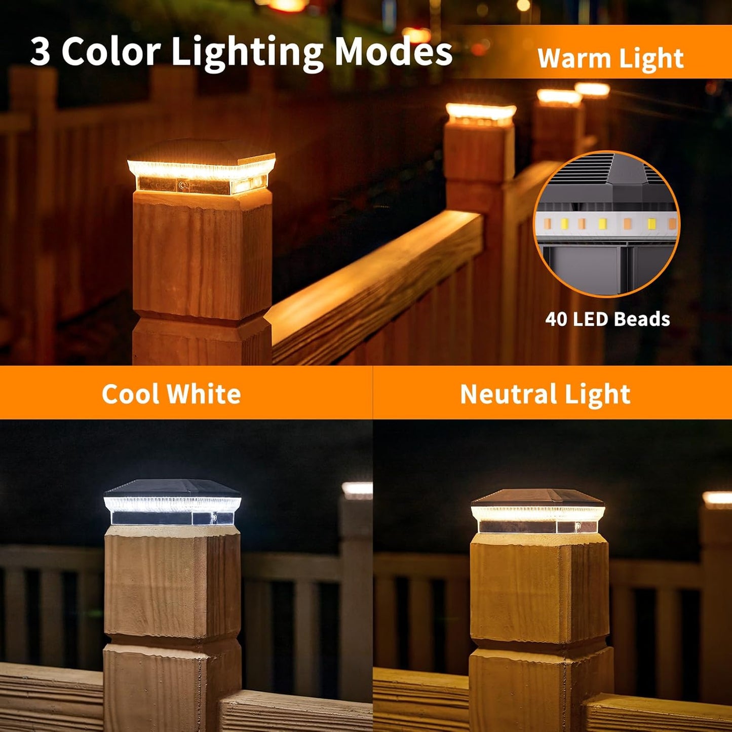 6/12 Pack 4x4 Solar Post Lights Outdoor, 40 LEDs 30 Lumens Fence Post Solar Lights Outdoor With 3 Modes, Solar Powered Deck Fence Post Lights, Solar Post Cap Lights For Vinyl Wooden Post