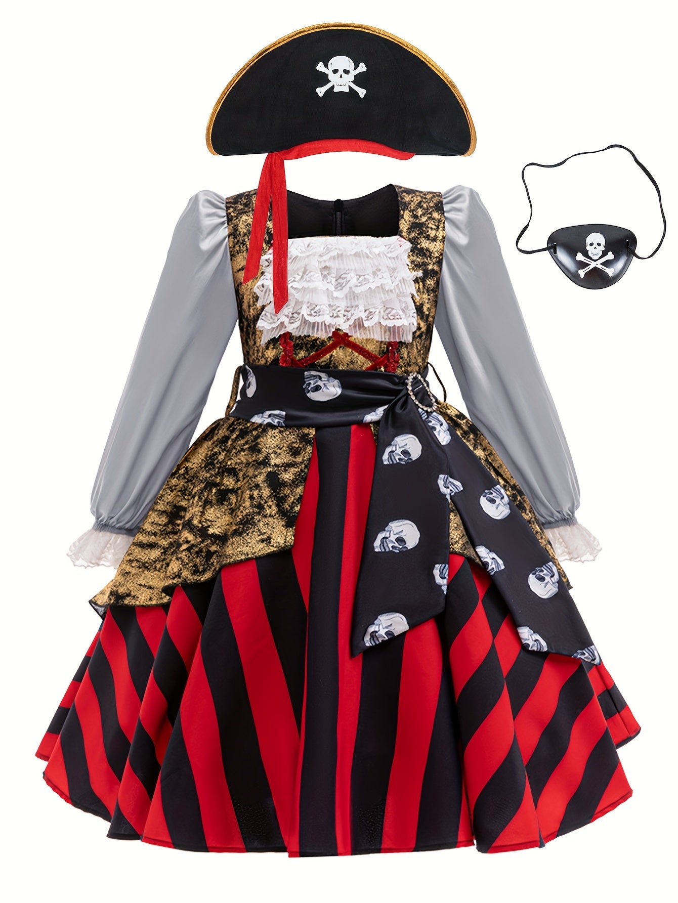 Girls Cool & Stylish Pirate Dress Up Outfit, Long Sleeve Ruffle Mesh Spliced A Line Tutu Dress & Pirate Cap & Mask For Halloween Party