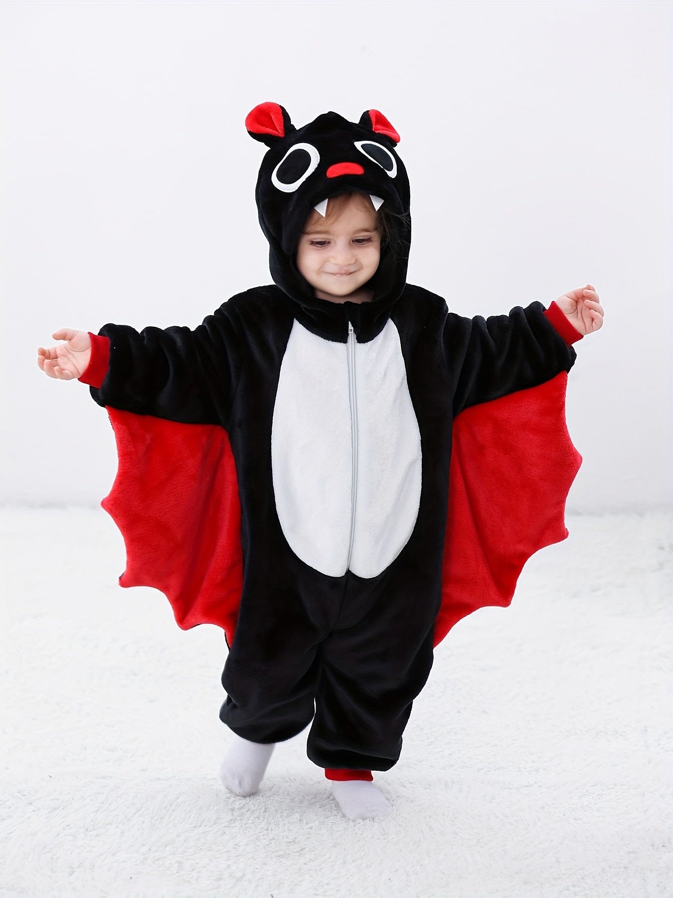 Baby's Halloween Style Bat Hooded Jumpsuit, Warm Fuzzy Wings Sleeve Romper, Baby Boy's & Girl's Clothes.