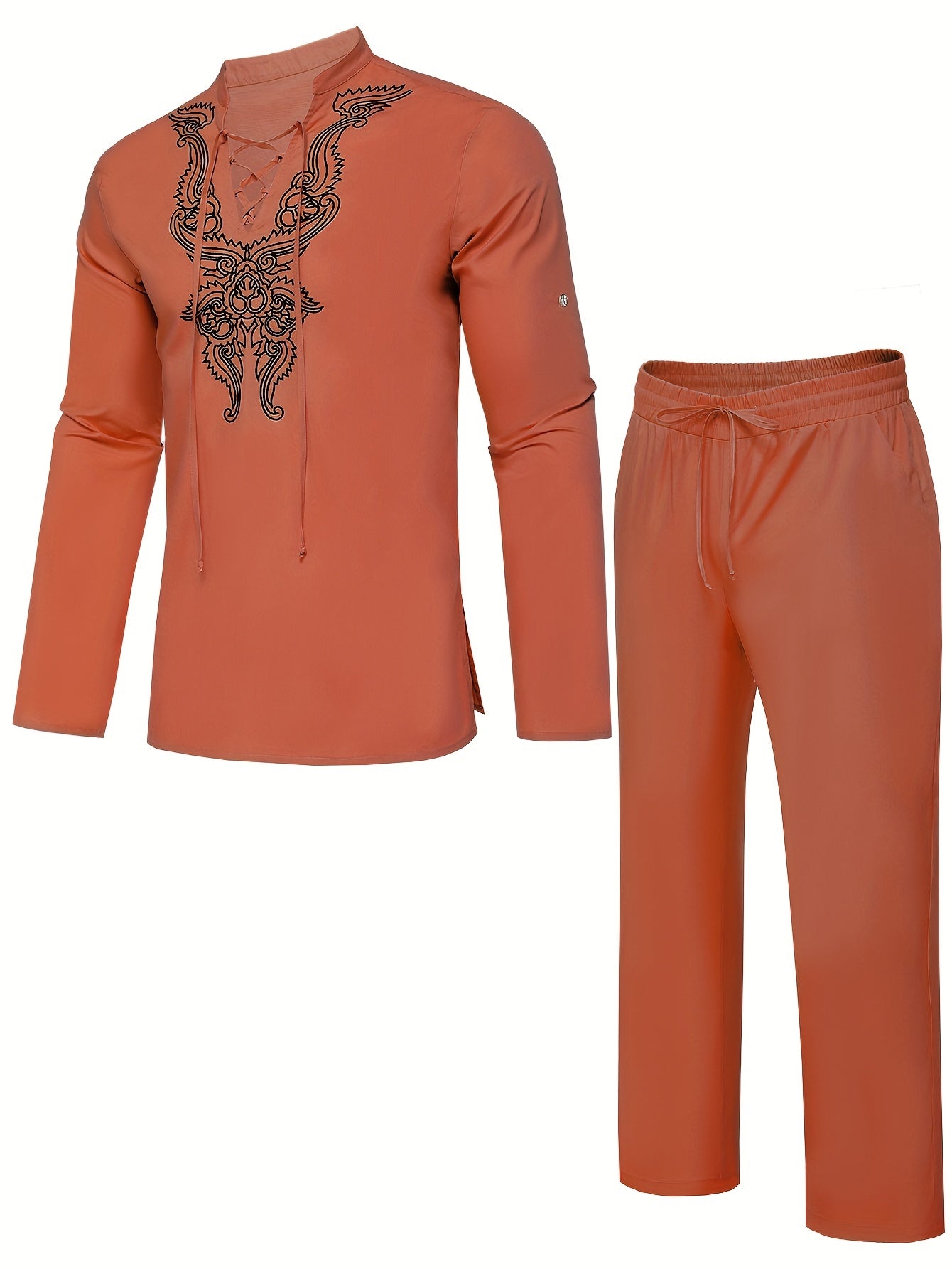 Cotton Boho Style Pattern Embroidery Men's 2 Pieces Outfits, Long Sleeve Lace Up Shirt And Drawstring Solid Trousers Set