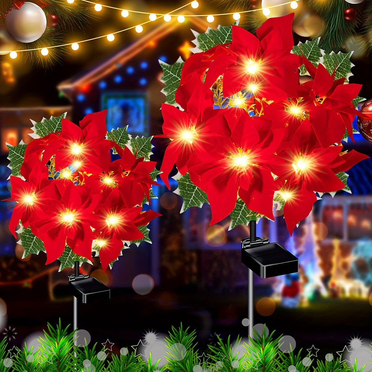 (4pcs 7-head Christmas Flower Solar Lights) Holiday Decorations, Outdoor Courtyard, Garden, Lawn, Small Path Lights, Atmosphere Lights, Christmas Courtyard Decoration Lights, Gifts For Mom