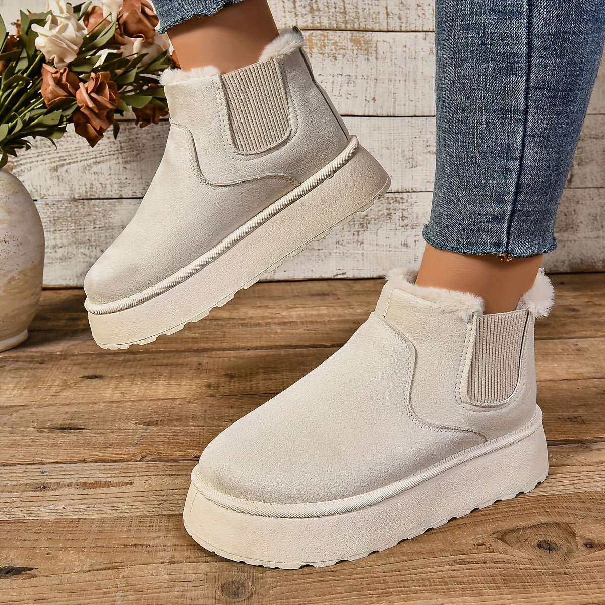 Women's Ankle Booties - Mid Heel Platform Round Toe Slip-on Boots with Fabric Upper, Inner & Insole - Solid Color European Special Design with PU Sole