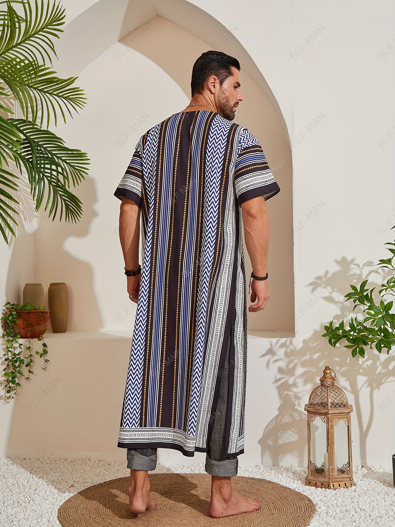 Men's Bohemian Style Linen Long Robe With Geometric Pattern Design For Holiday Wear, Spring And Summer