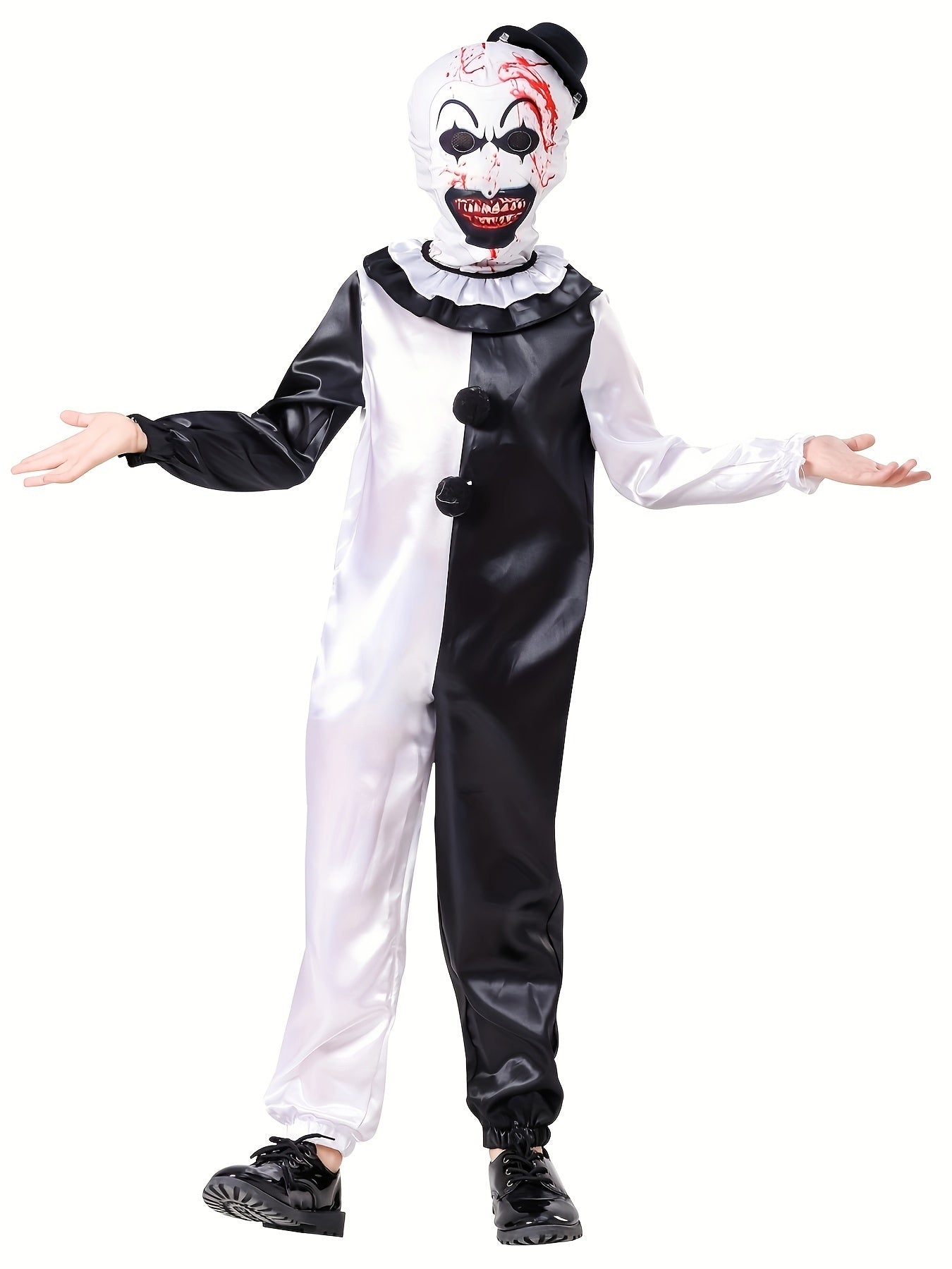 Horror Themed Party Outfit For Boys - Black And White Clown Jumpsuit And Matching Mask - Scary Clown Dress Up Clothes Set, Perfect For Halloween Holiday Carnival Party