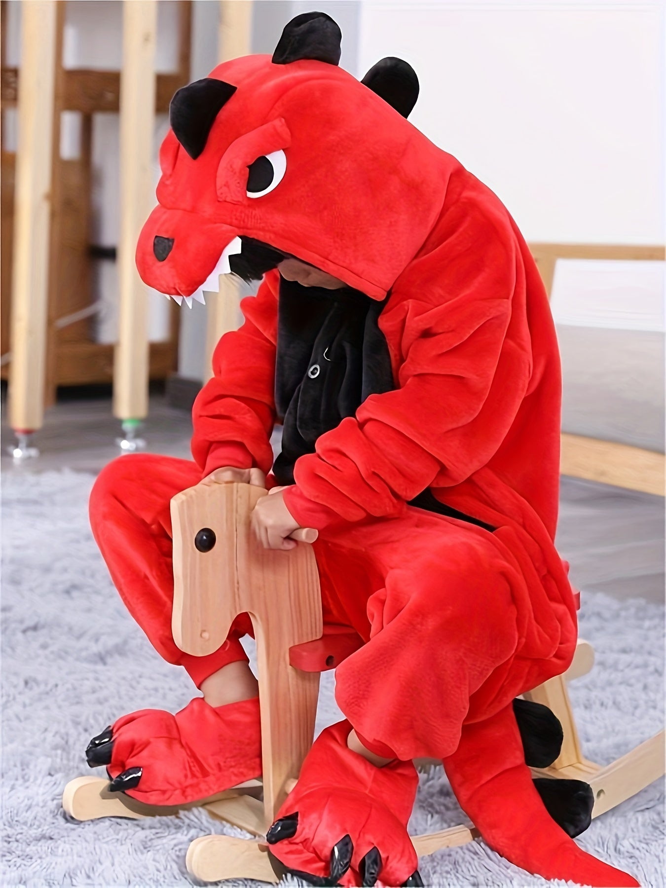 1pc Boys Cozy Dinosaur Hooded Jumpsuit For Halloween Parties.