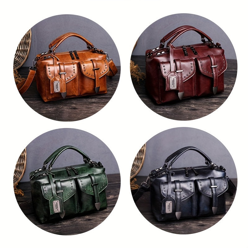 New Retro Wax Handheld Single Shoulder Crossbody Fashion Messenger Rivets Large Capacity Women's Bags