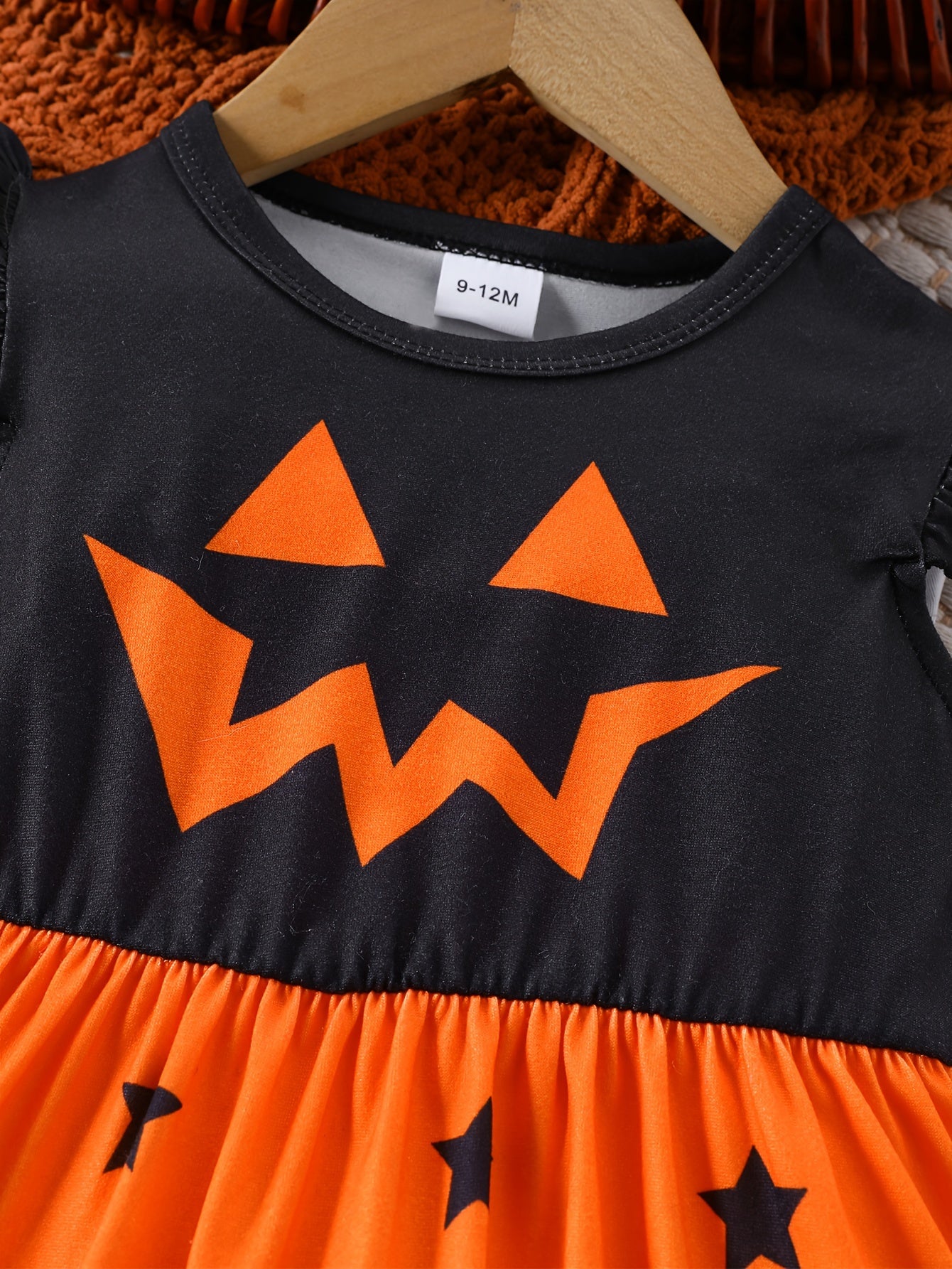 Halloween Pumpkin & Ghost Face Print Dress - Sleeveless with Ruffle Trim, Stretchy Fabric, Machine Washable