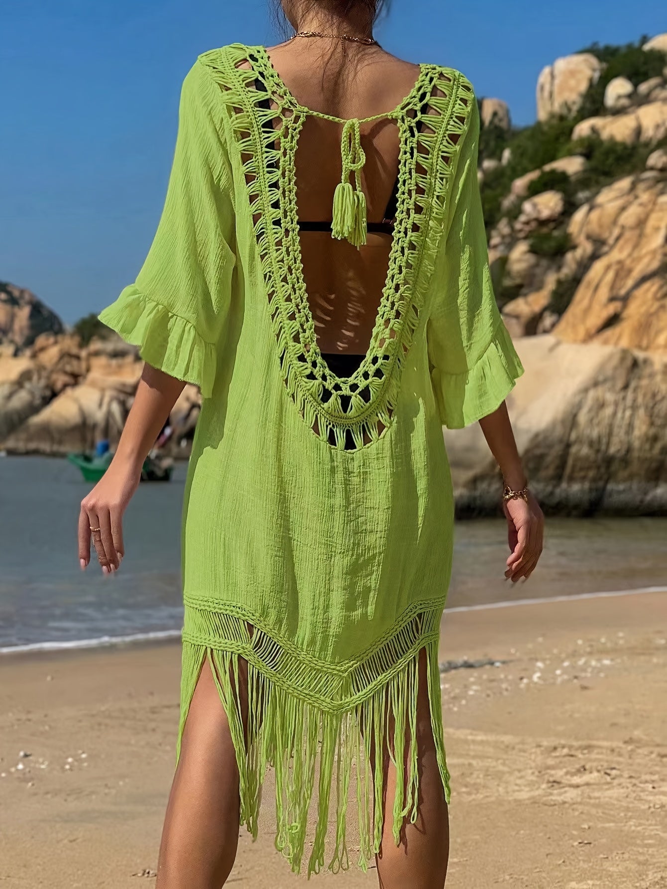 Crochet Tassel Detail V-neck Dress, Boho Style Short Sleeve Loose Fit Beach Wear Tunic, Women's Clothing