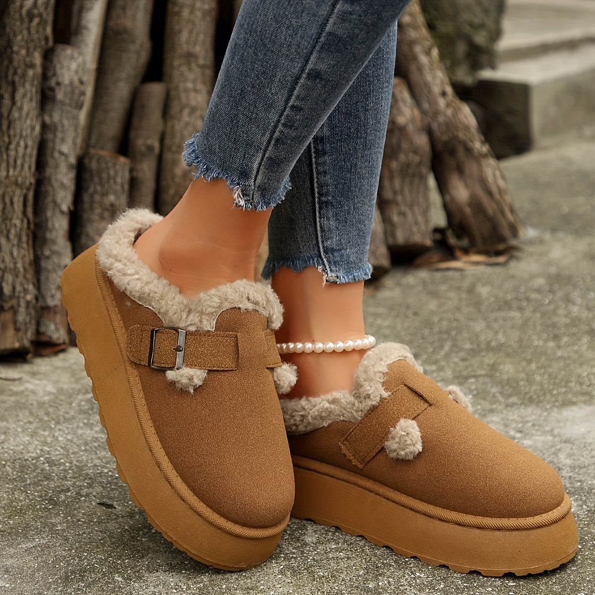 Cozy Plush Lined Ankle Boots - Soft Solid Color Design, Comfortable Buckle Strap, Warm Winter Shoes for Women - Perfect for Cold Weather, Casual Daily Wear