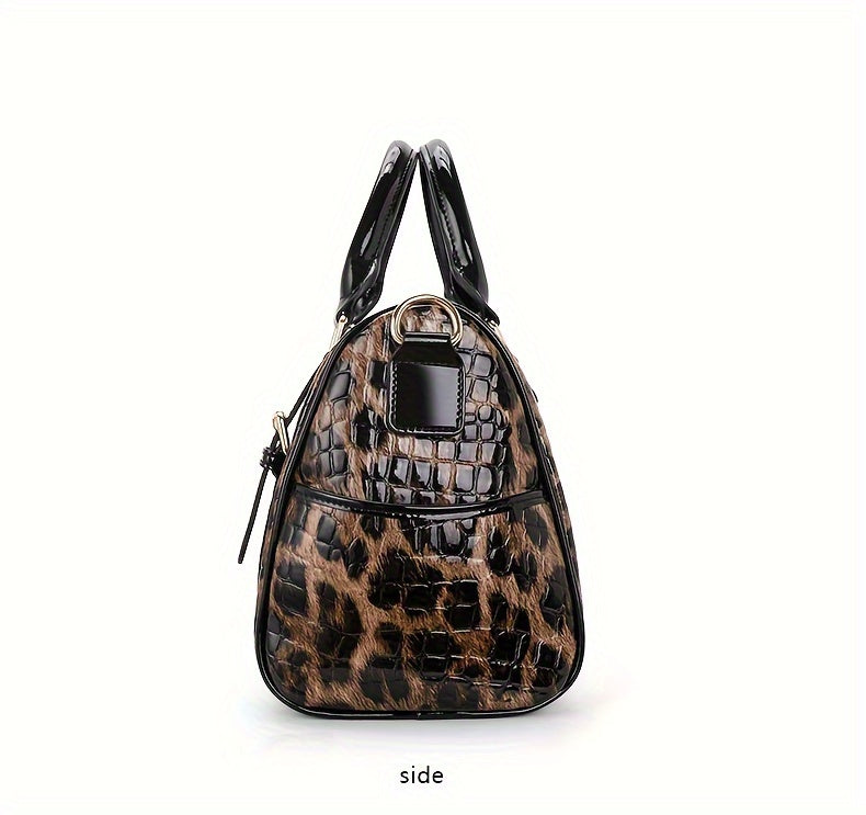 Leopard Print Handbag For Women, Crocodile Pattern Boston Bag, Luxury Genuine Leather Satchel Purse