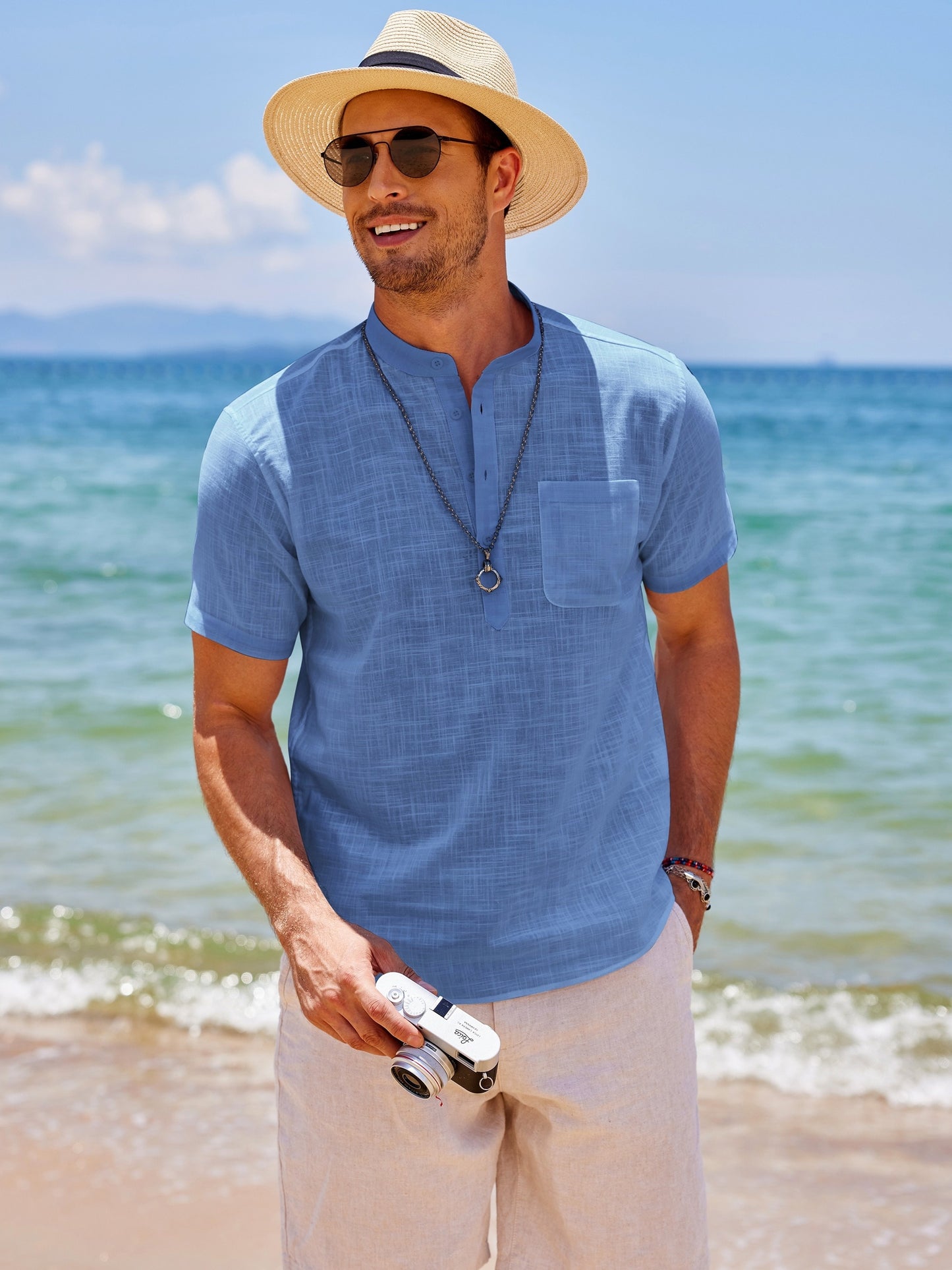 Men's Cotton Linen Henley Shirt Short Sleeve Hippie Casual Beach T-Shirts with Pocket