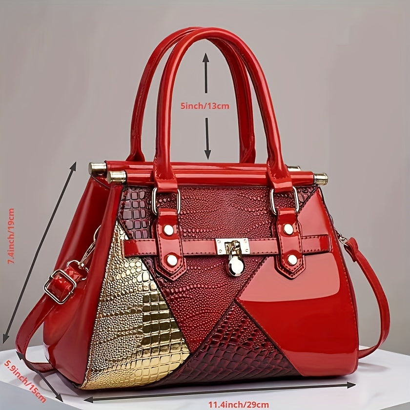 Bright Crocodile Pattern Handbag, Luxury Patchwork Satchel Purse, Fashion Crossbody Bag