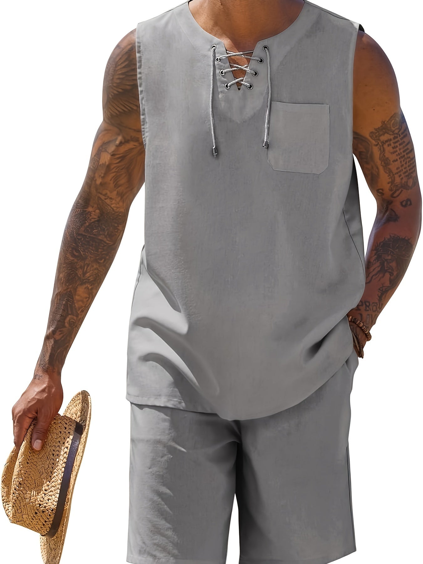 Mens Linen Sets Outfits 2 Piece Beach Drawstring Tank Tops Sleeveless Shirt Matching Shorts Set Hippie Wedding