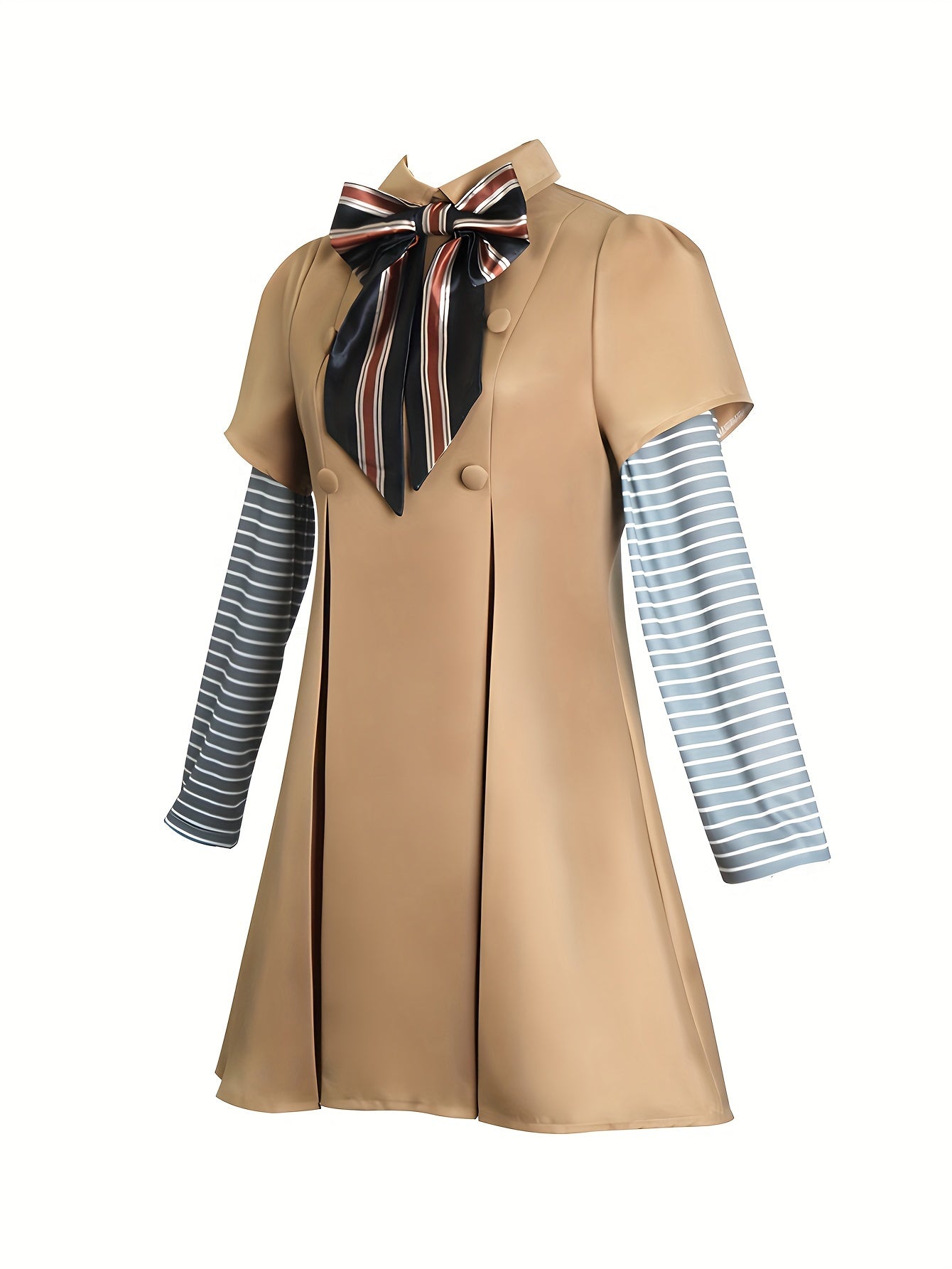 Elegant Trench Coat With Striped Tie & Contrasting Sleeves, 4pc Cosplay Costume Set, Halloween Carnival Party Dress-Up Outfit.