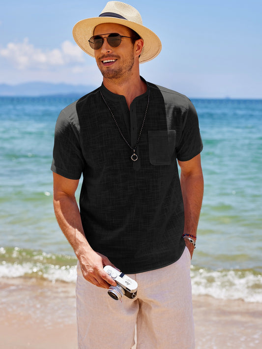 Men's Cotton Linen Henley Shirt Short Sleeve Hippie Casual Beach T-Shirts with Pocket