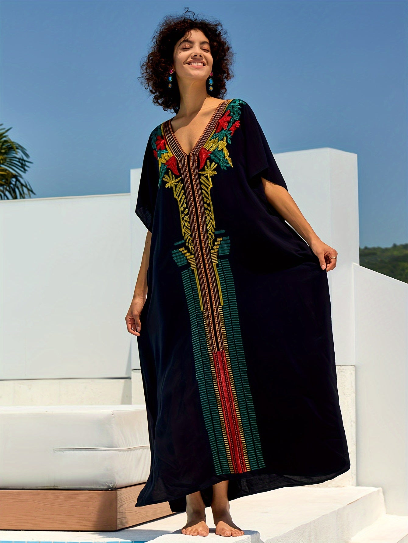 Embroidery Kaftan Dress Women Bohemian House Dress Split Thigh Beachwear Dubai Abaya