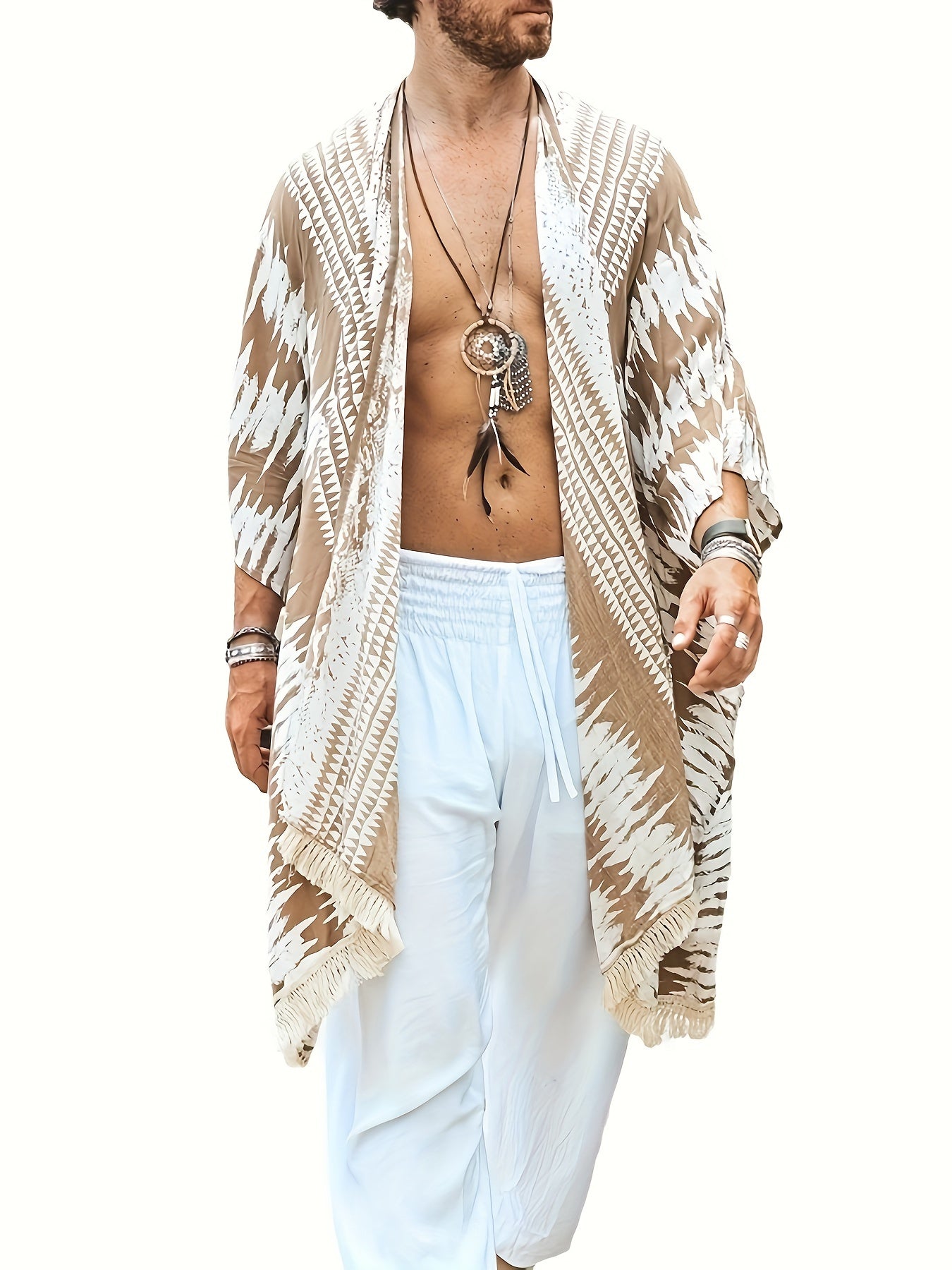 Bohemian Style Men's Cape With Tassel Design, Ethnic Style Clothing For Seaside Beach Vacation, Loose Casual Sun Protection Coat