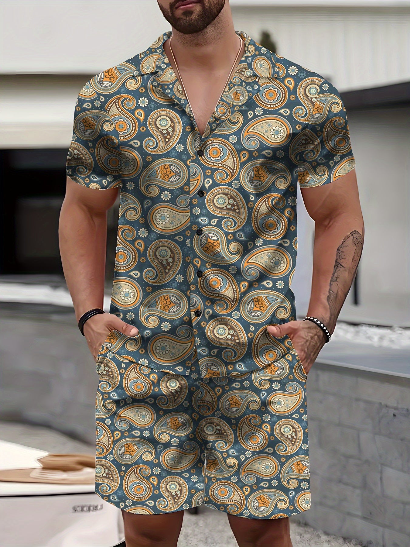 Men's Bohemian Printed Short Sleeve Shirt & Shorts Set, Casual Collared Summer Beachwear, Streetwear Hawaiian Suit For Men