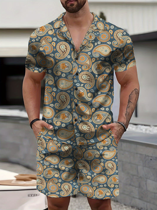 Men's Bohemian Printed Short Sleeve Shirt & Shorts Set, Casual Collared Summer Beachwear, Streetwear Hawaiian Suit For Men