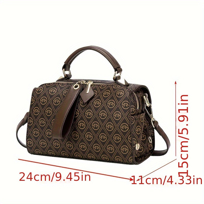 Luxury Letter Print Handbag For Women, Fashion Boston Crossbody Bag, Classic Cylinder Shoulder Bag Purse