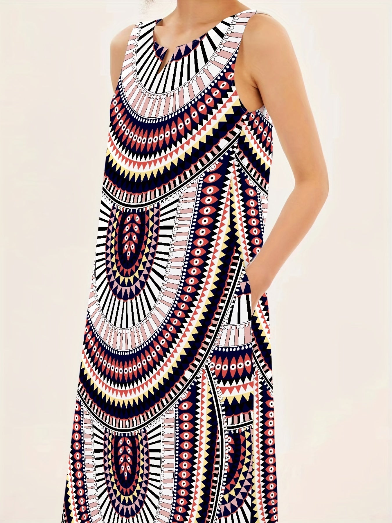 Tribal Print Notch Neck Dress, Boho Sleeveless Maxi Dress With Pockets, Women's Clothing