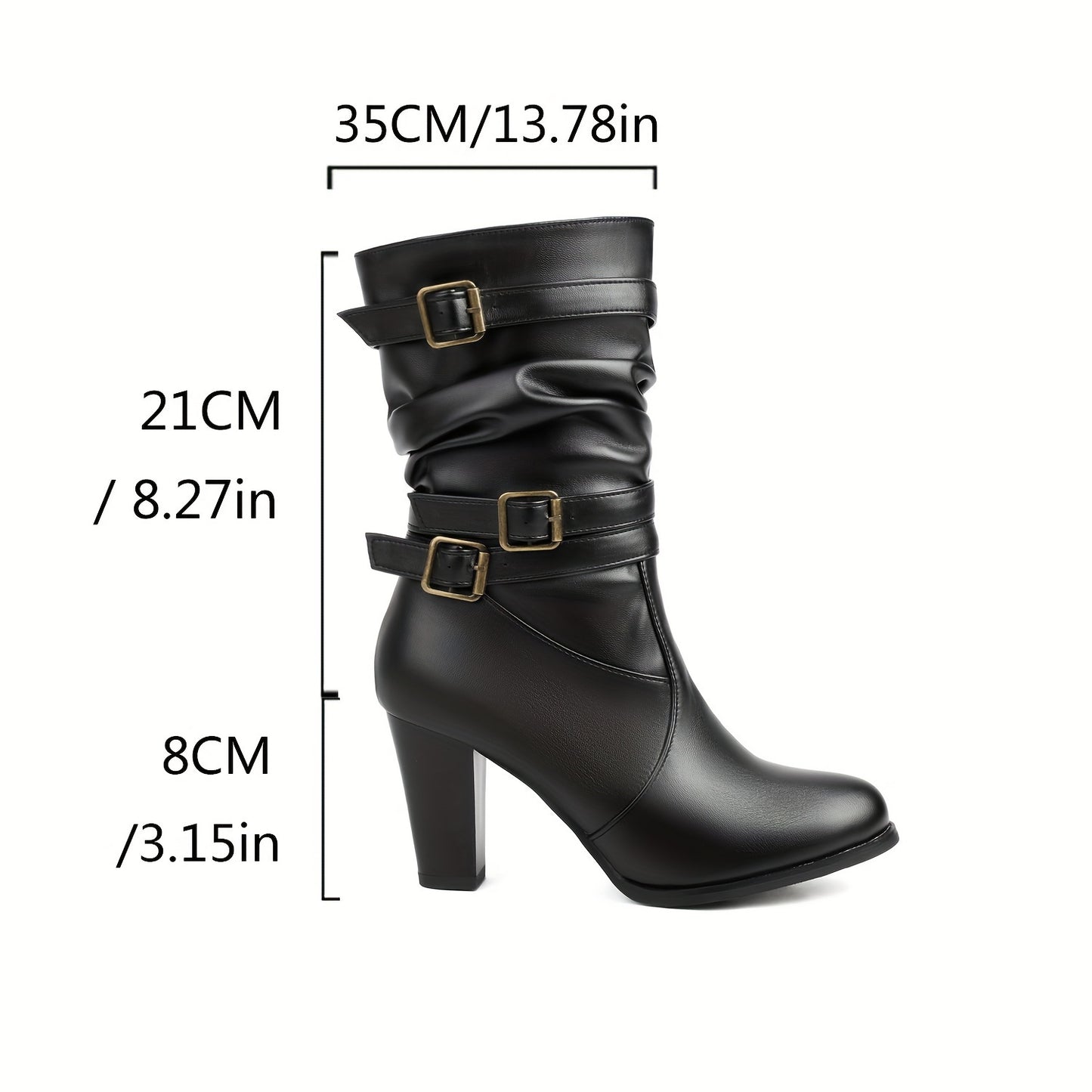 Women's Trendy Block Heeled Boots, Fashion Buckle Strap Design Mid Calf Boots, Women's Comfortable Boots