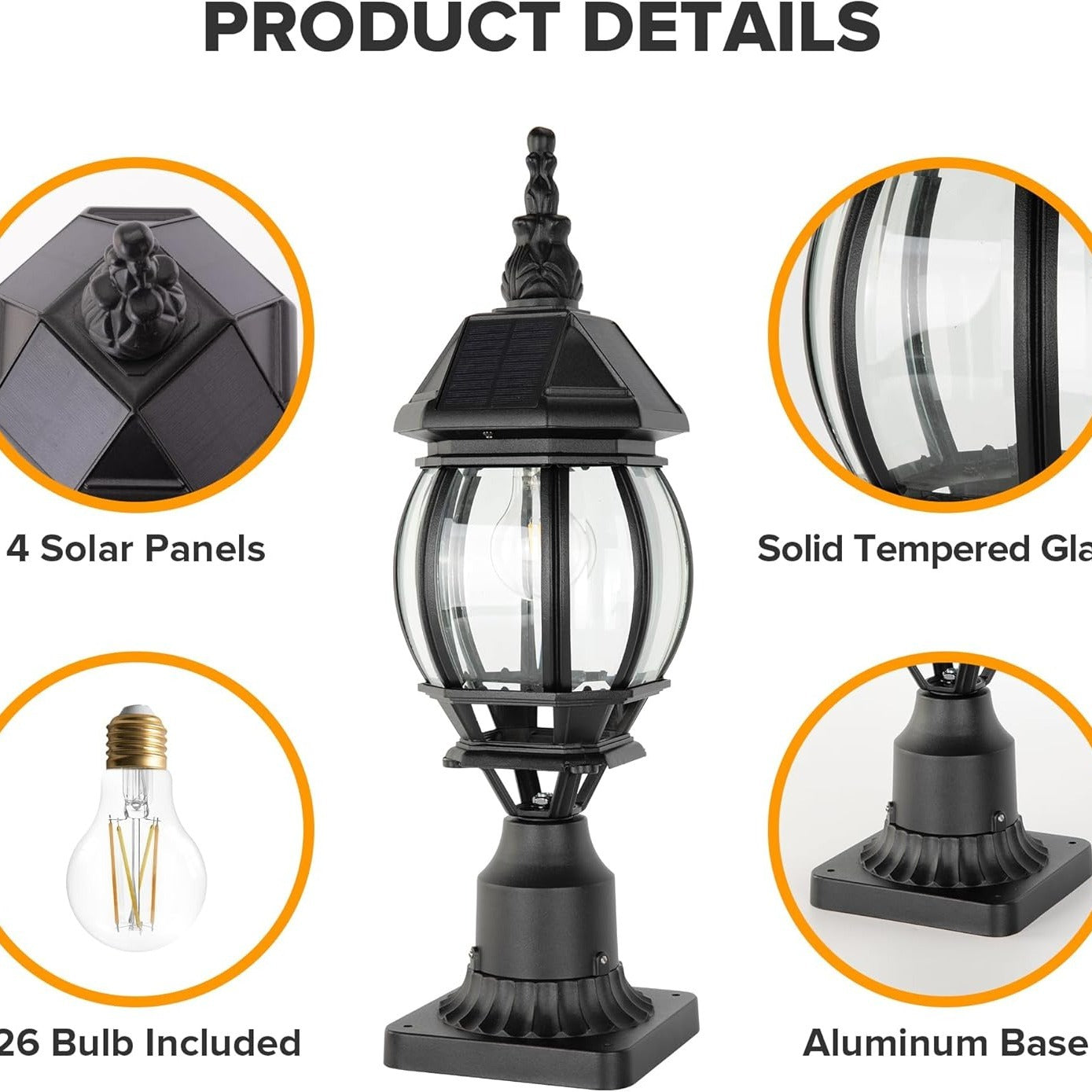 Solar Post Light with Pier Mount Base, Dusk to Dawn Aluminium Solar Lamp Post Light, Exterior Black Solar Powered Fence Post Light for Outside