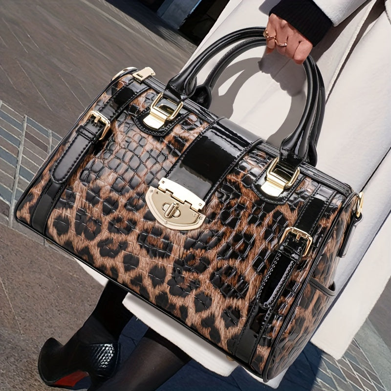 Leopard Print Handbag For Women, Crocodile Pattern Boston Bag, Luxury Genuine Leather Satchel Purse