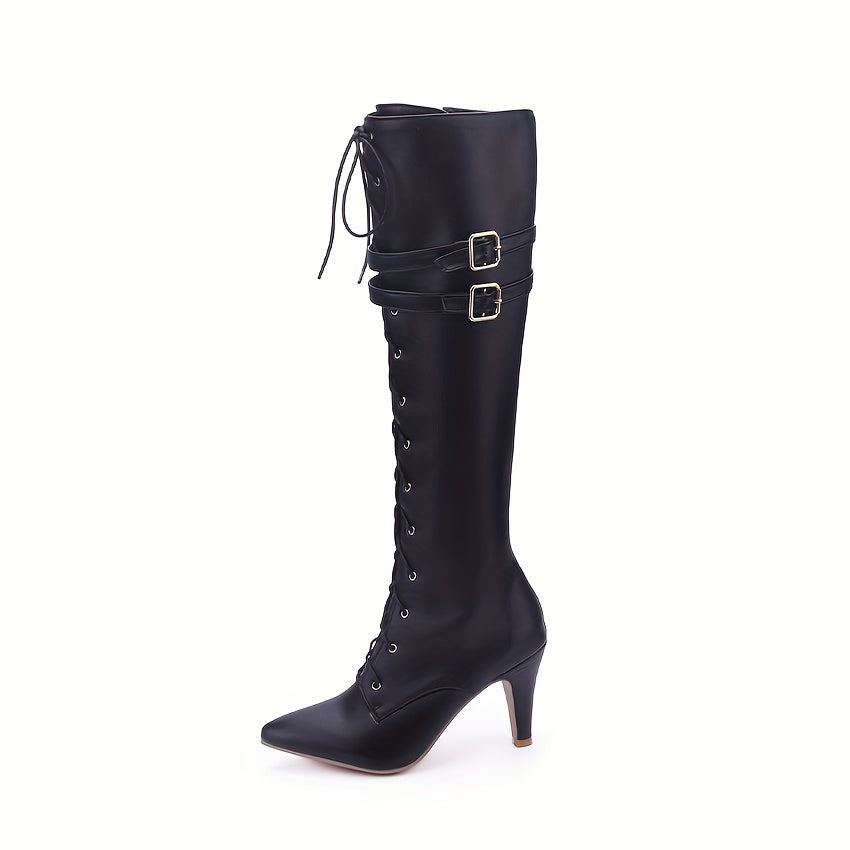 Elegantly Pointed Toe Knee High Boots - Lace-Up, Side Zip, Flare Heel, Solid Color - Elevate Your Style & Comfort