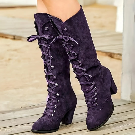 Womens Solid Hue Chunky Heel Knee High Boots - Fashion-Forward Lace-Up Design, Luxuriously Comfortable, Dress-to-Impress - Stylish and Trendy