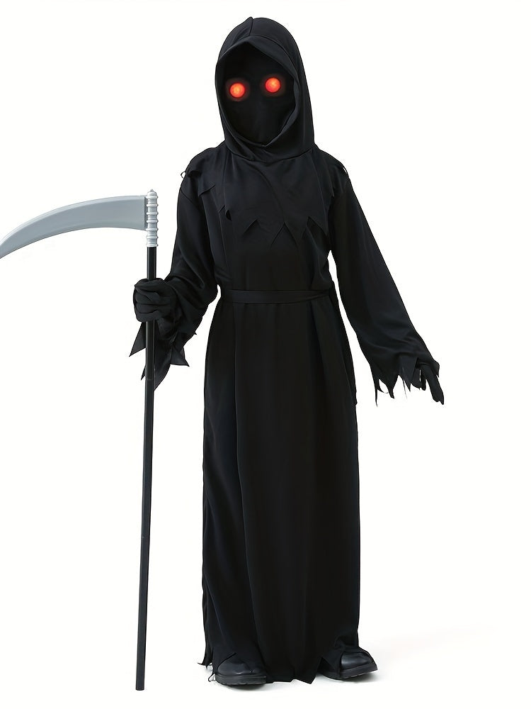 Halloween Youth Grim Reaper Costume Set with Glowing Eyes, Sickle & Luminous Accessories - Includes Headgear, Jumpsuit, Belt, Gloves - Ideal for Party Costume