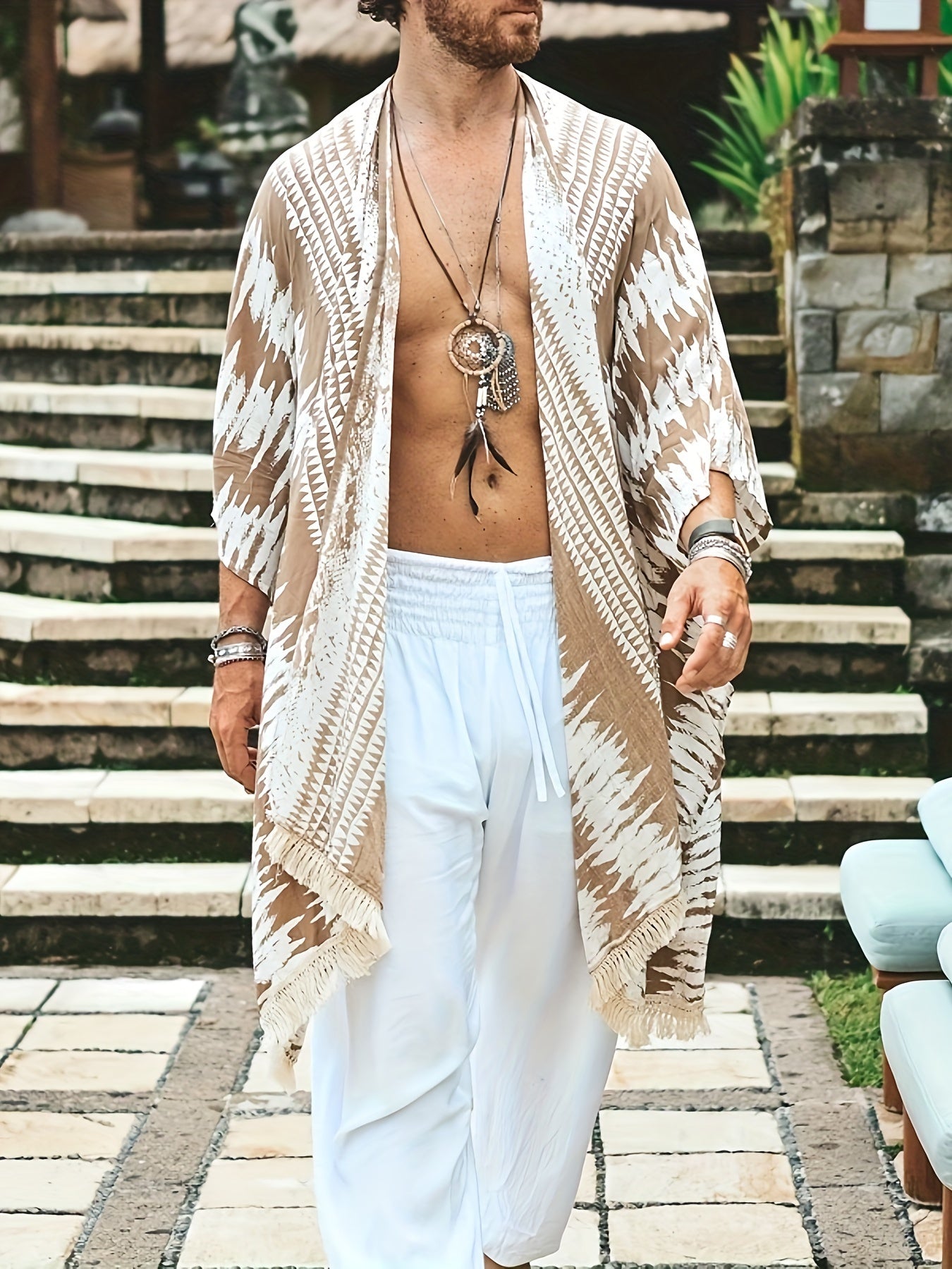 Bohemian Style Men's Cape With Tassel Design, Ethnic Style Clothing For Seaside Beach Vacation, Loose Casual Sun Protection Coat