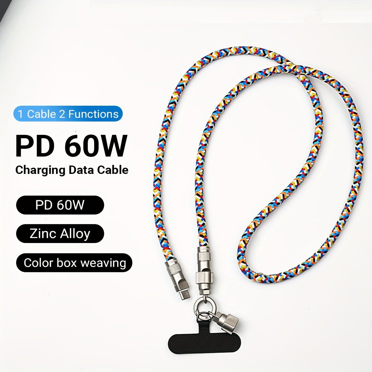 2-in-1 Universal Polyamide Phone Lanyard with PD 60W Fast Charging USB-C Cable, Crossbody Neck Strap Compatible with iPhone 15 Series, Huawei, Xiaomi, OPPO