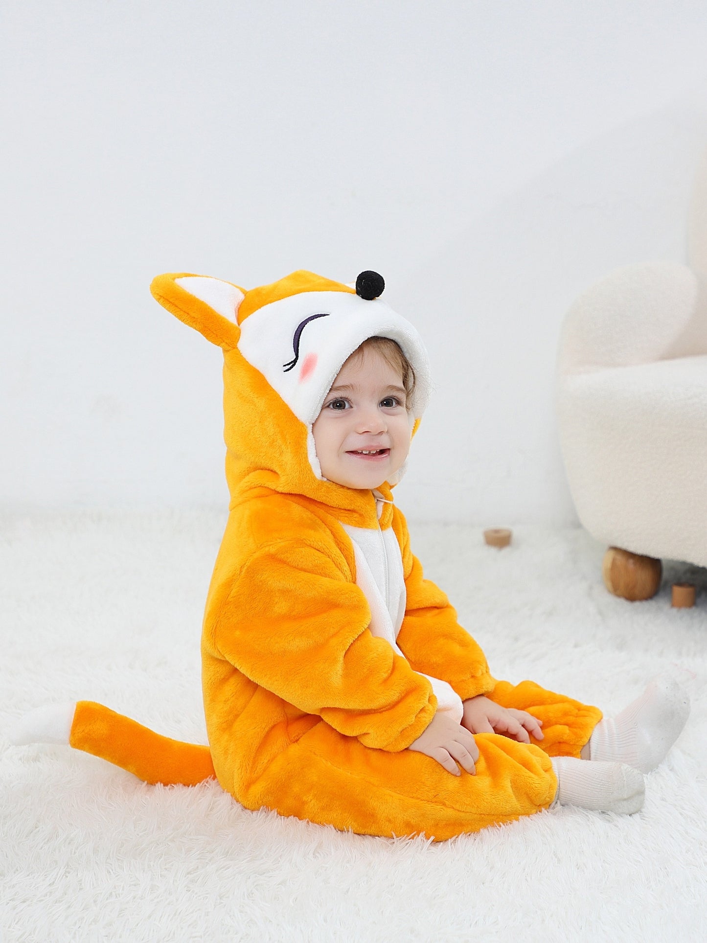 Unisex Baby's Fox Shape Onesie, Toddlers Animal Costume Outfit, Warm Fuzzy Cute Fox Romper For Kids, Cozy Hooded Jumpsuit With Tail, Soft Comfortable Playwear For Infants.