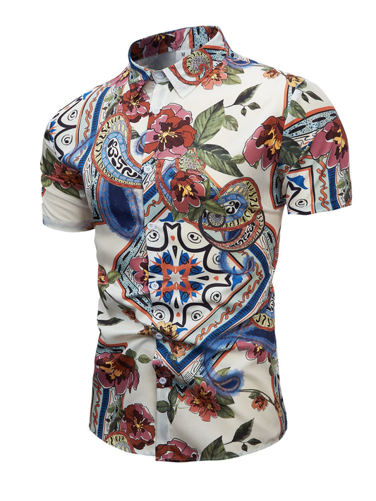 Trendy Boho Style Print Men's Casual Short Sleeve Shirt, Men's Shirt For Summer Vacation Resort, Tops For Men, Gift For Men