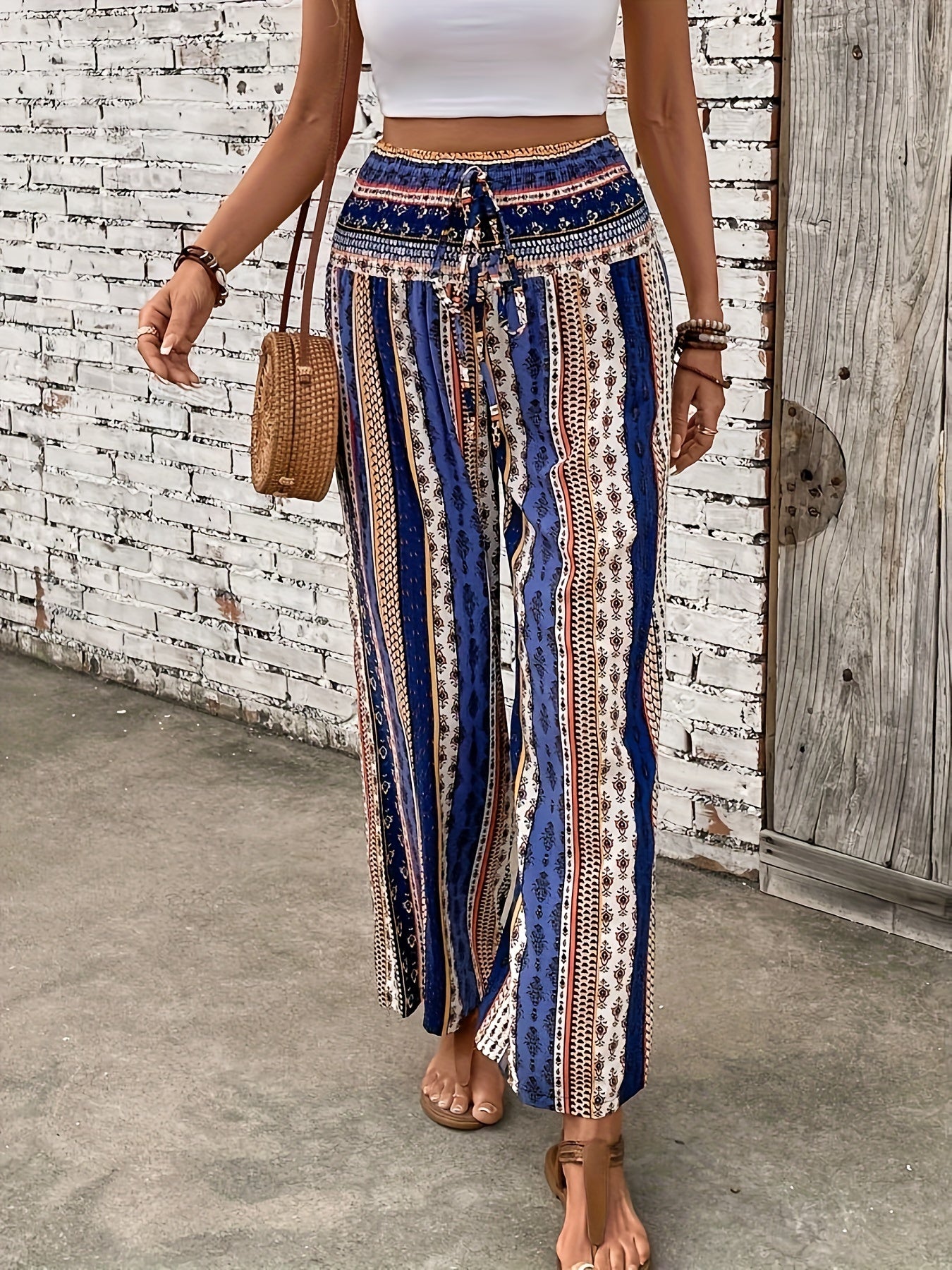 Ethnic Graphic Print Pants, Boho Shirred Waist Wide Leg Pants