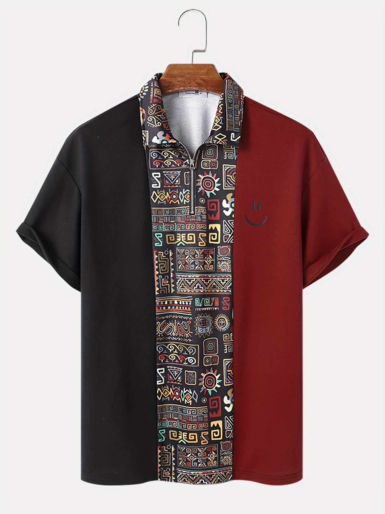 Mens Vintage T Shirt Zip Up Henley Shirt Casual Patchwork Ethnic Shirt Short Sleeve Hippy Tops