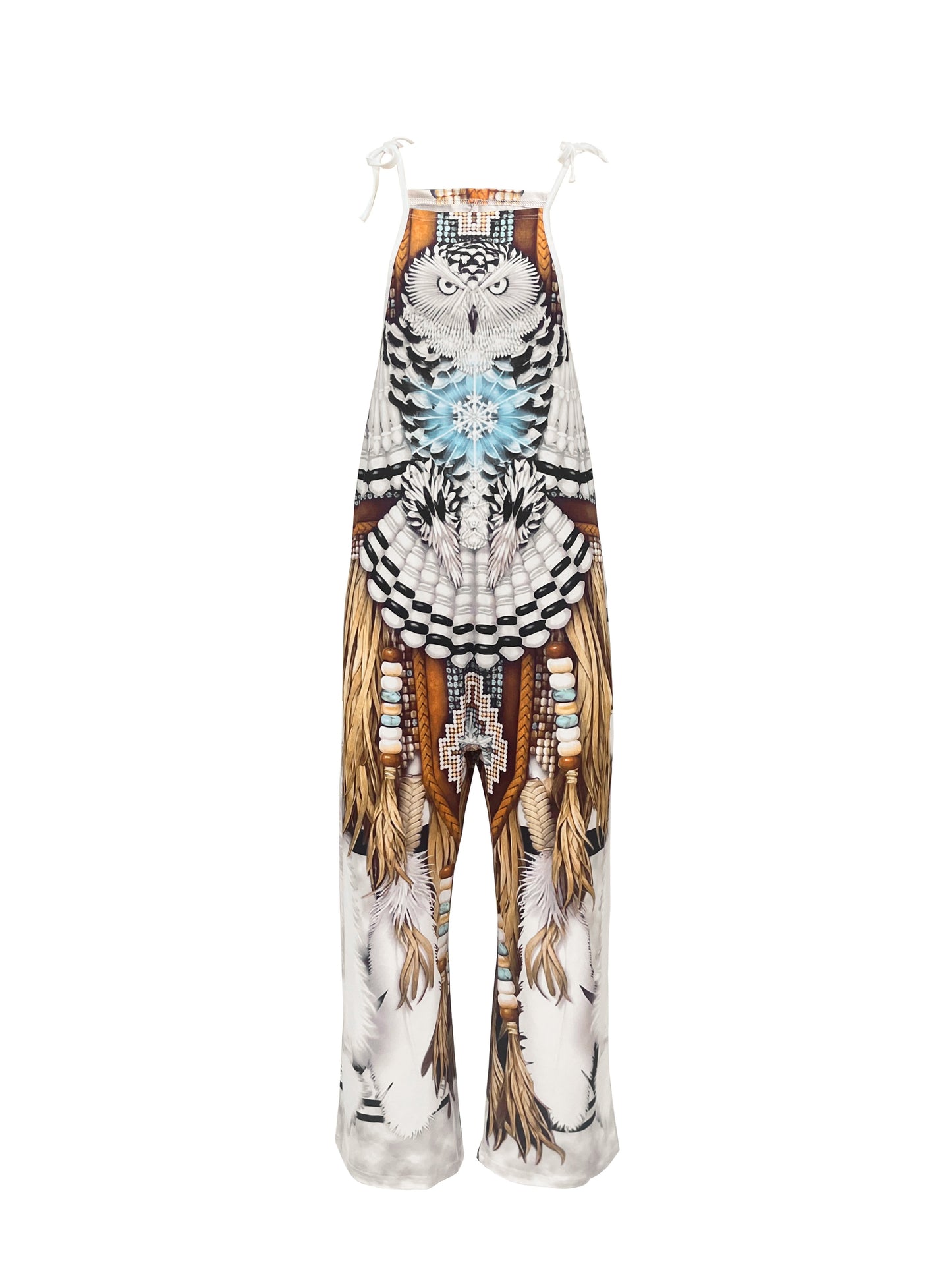 Ethnic Print Boho Tie Shoulder Jumpsuit, Casual Sleeveless Wide Leg Jumpsuit For Spring & Summer, Women's Clothing