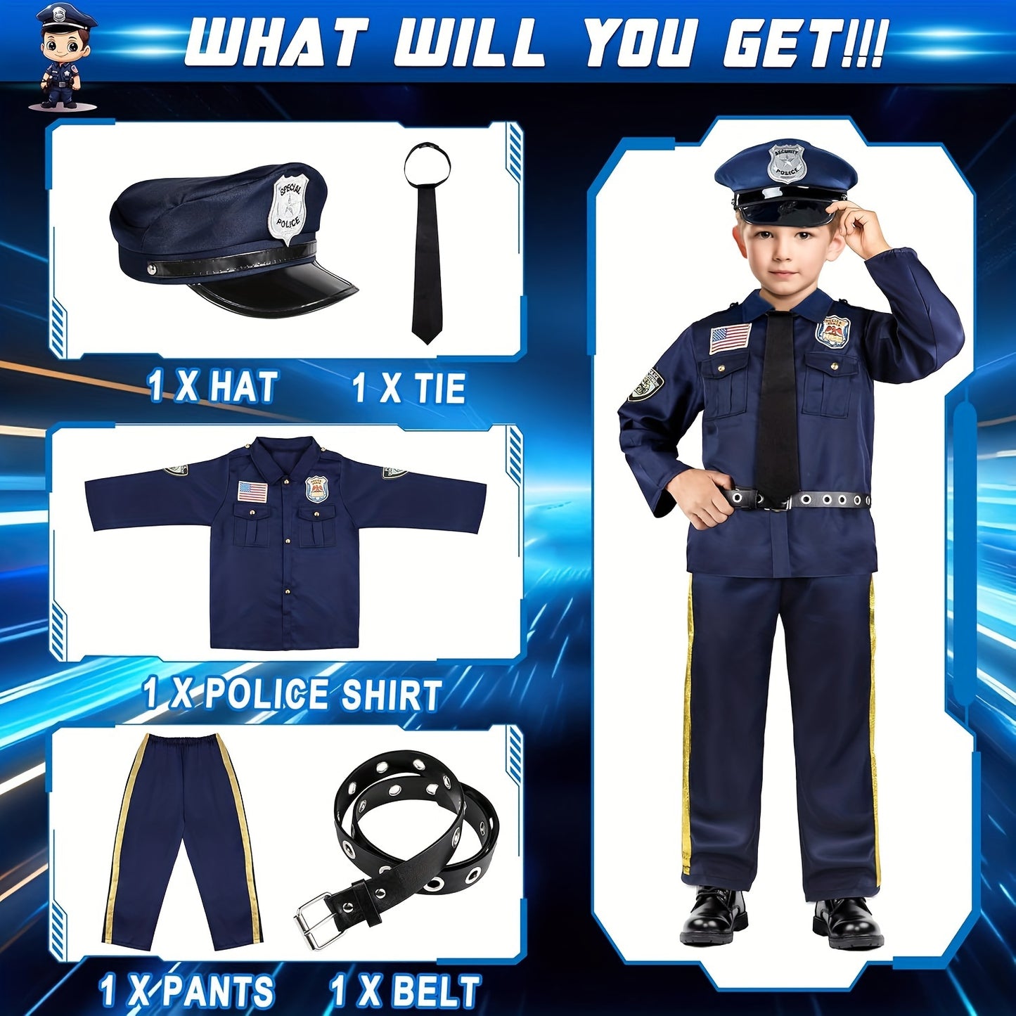 Police Officer Costume For Kids - Police Uniform For Kids, Kids Halloween Costumes For Boys Girls, Toddler Dress Up, Cop Costume Role Play Kit For Halloween Career Day