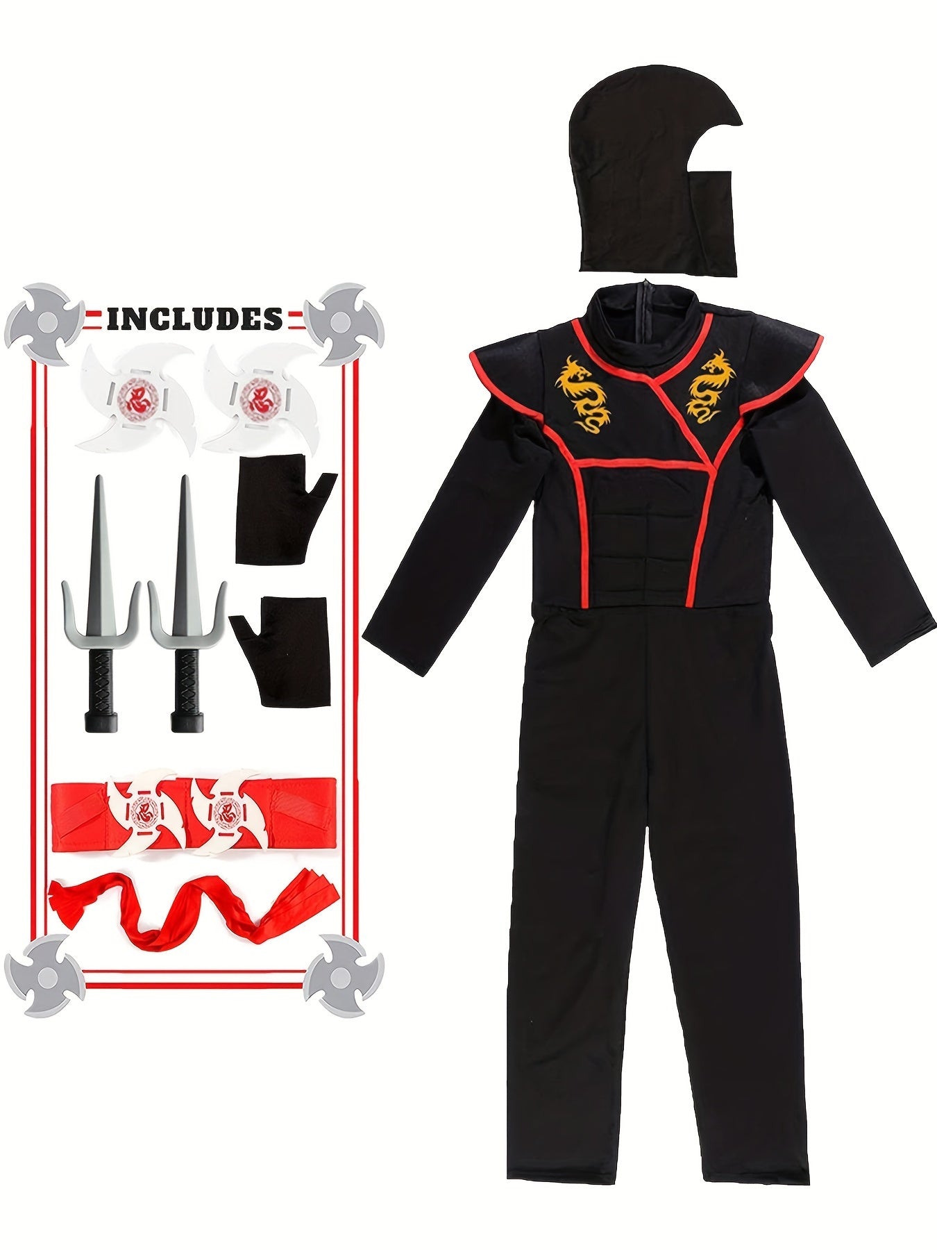 Deluxe Children's Ninja Outfit Set, Muscle Ninja Apparel for Halloween Boys Role-play, Polyester Spandex Blend, Crew Neck, Zippered, Suitable for Over 3 Years Old