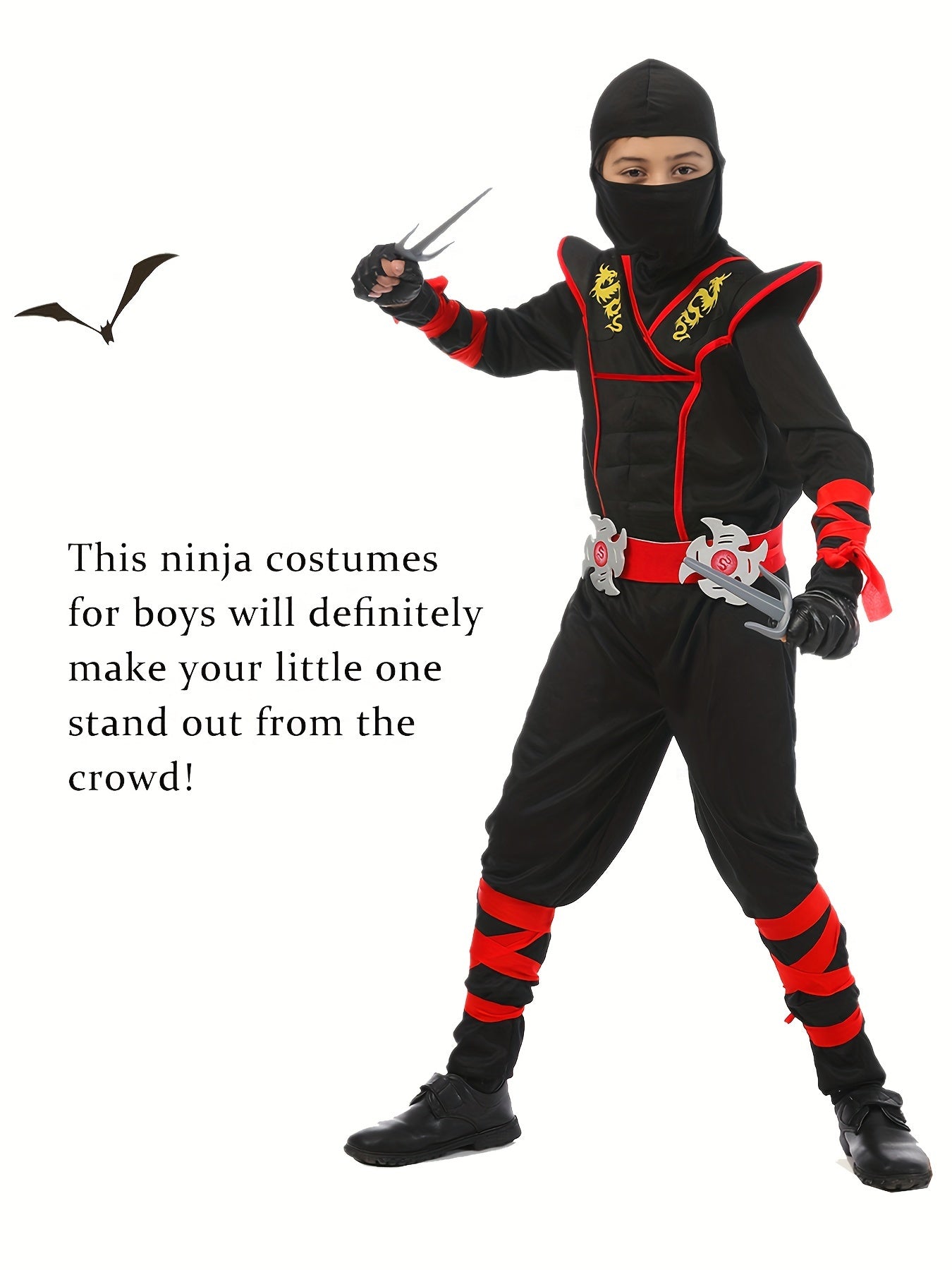 Deluxe Children's Ninja Outfit Set, Muscle Ninja Apparel for Halloween Boys Role-play, Polyester Spandex Blend, Crew Neck, Zippered, Suitable for Over 3 Years Old